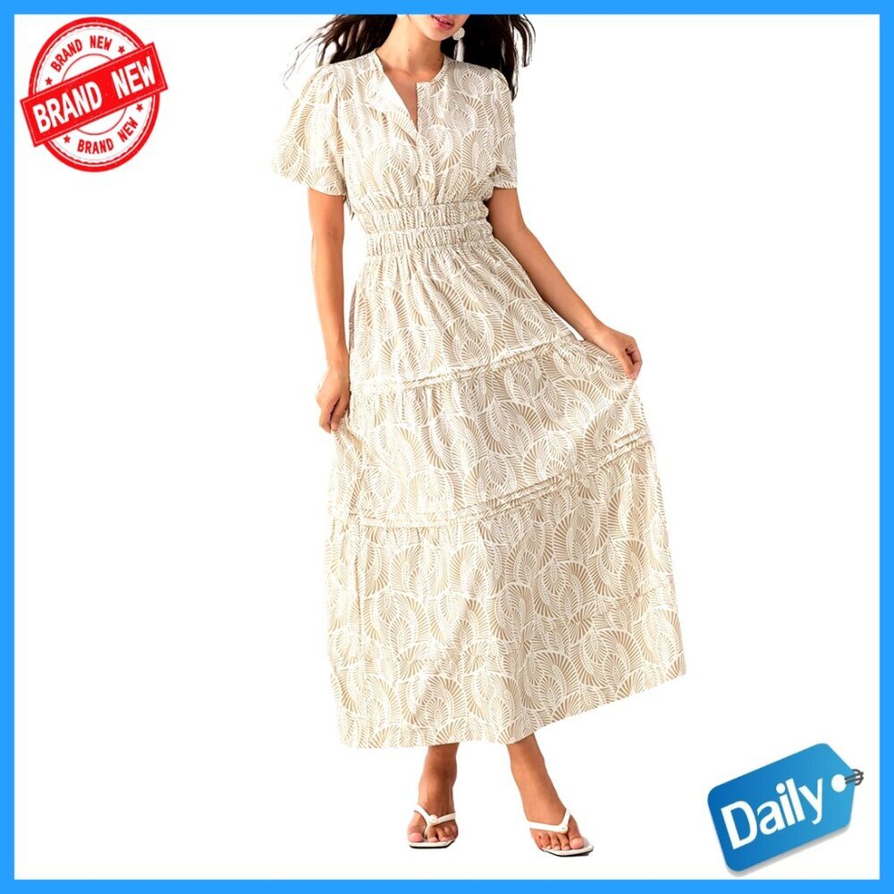 Short Sleeve V-Neck Maxi Dress with Smocked Waist and Pockets